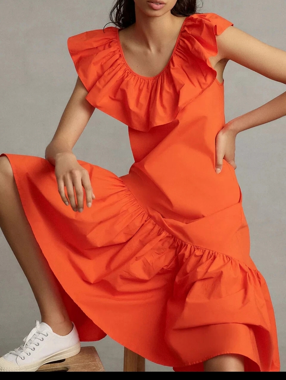 Anthropologie Whit Two Orange Ruffle Midi Dress Sleeveless Tiered V-Neck XS